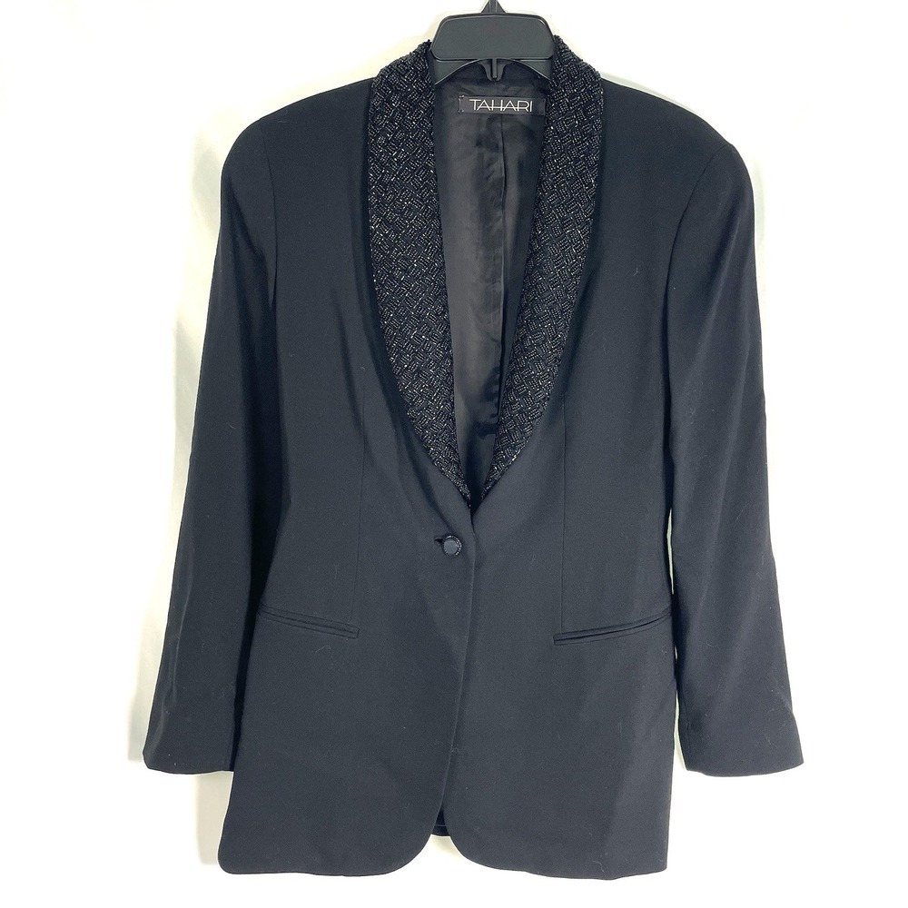 Tahari ASL LUXE 1-Button Blazer Beaded Shawl Collar  6 Black 100% Wool Stunning